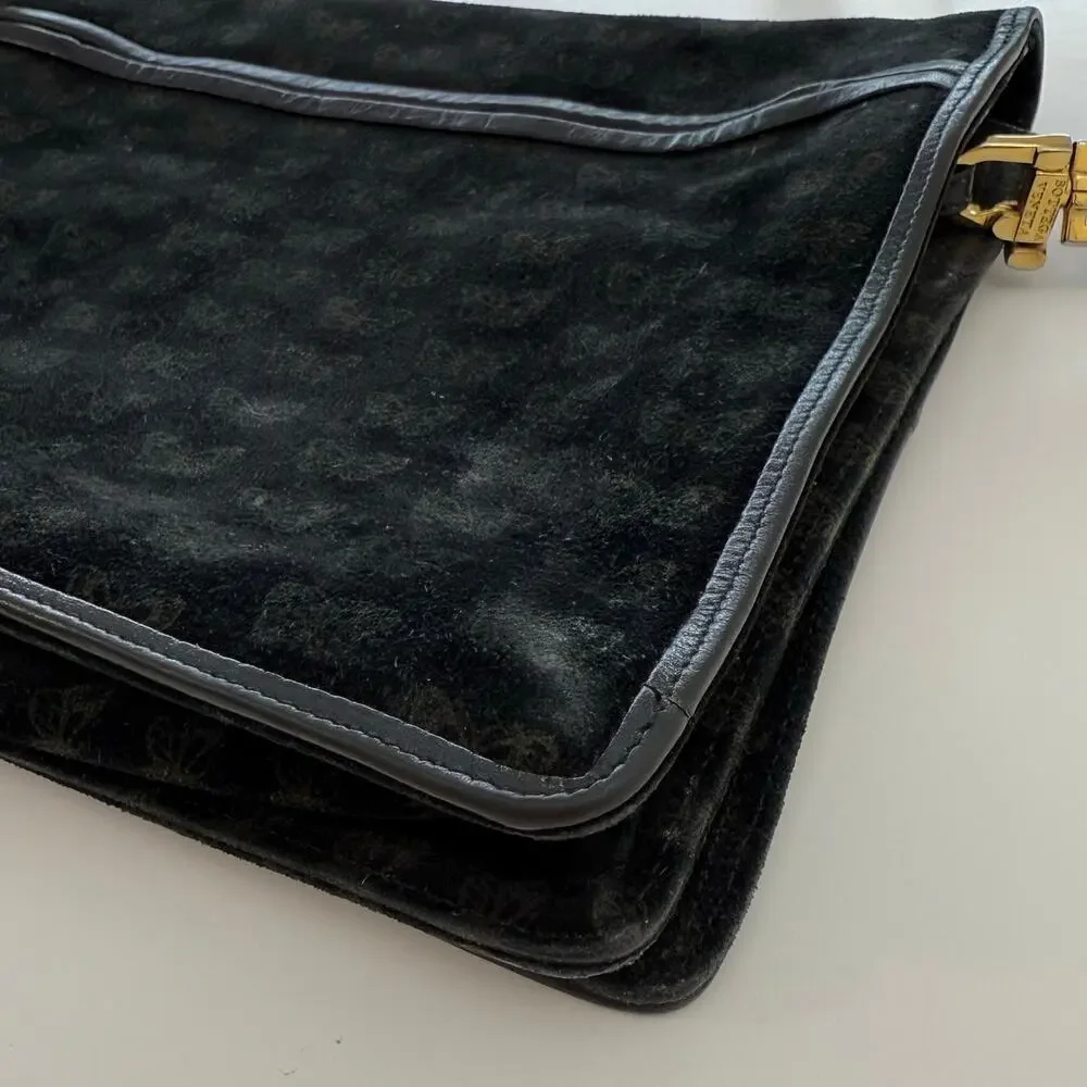 Bottega Veneta Vintage Suede Shoulder Bag Envelope Clutch Black Butterfly Print